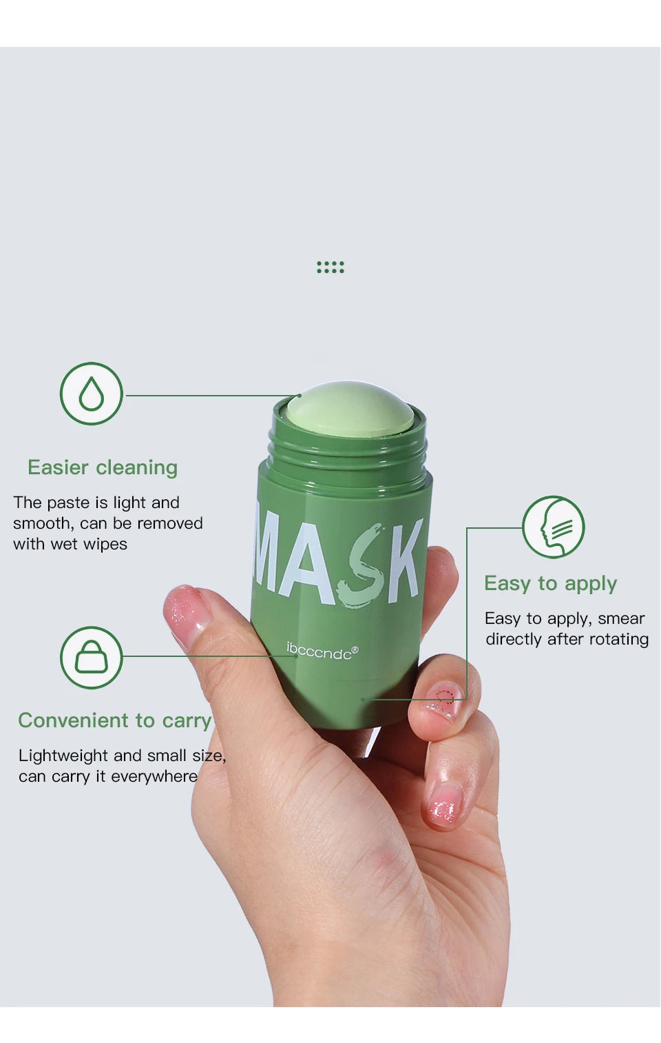 Masque nettoyant pour le visage en stick de 40 g aux extraits de thé vert et de rose – Nettoyant hydratant en profondeur, resserre les pores, élimine les points noirs, régule la production de sébum