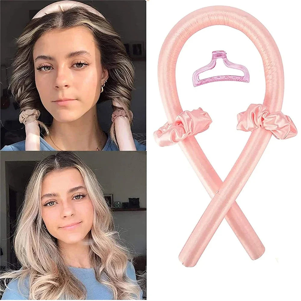 Femme utilisant le boucleur cheveux nuit Origosana pour obtenir des boucles parfaites
